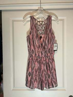 MON-REID Pink and Black Aztec Geometric Lace-Back Romper